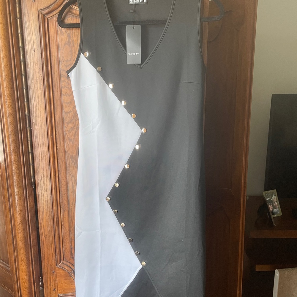 SHEIN White and Gray Asymmetrical Sheath Dress